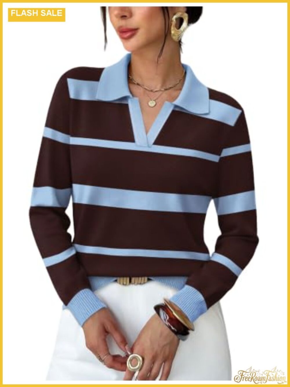 Womens Long Sleeve Polo Collar V-Neck Pullover Sweater Business Casual